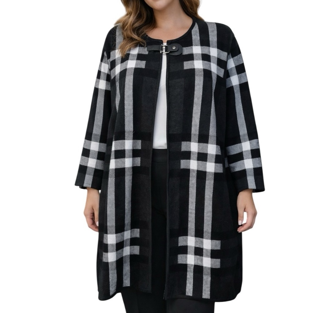 Anne Klein Black & White Plaid Long Sweater Coat Cardigan